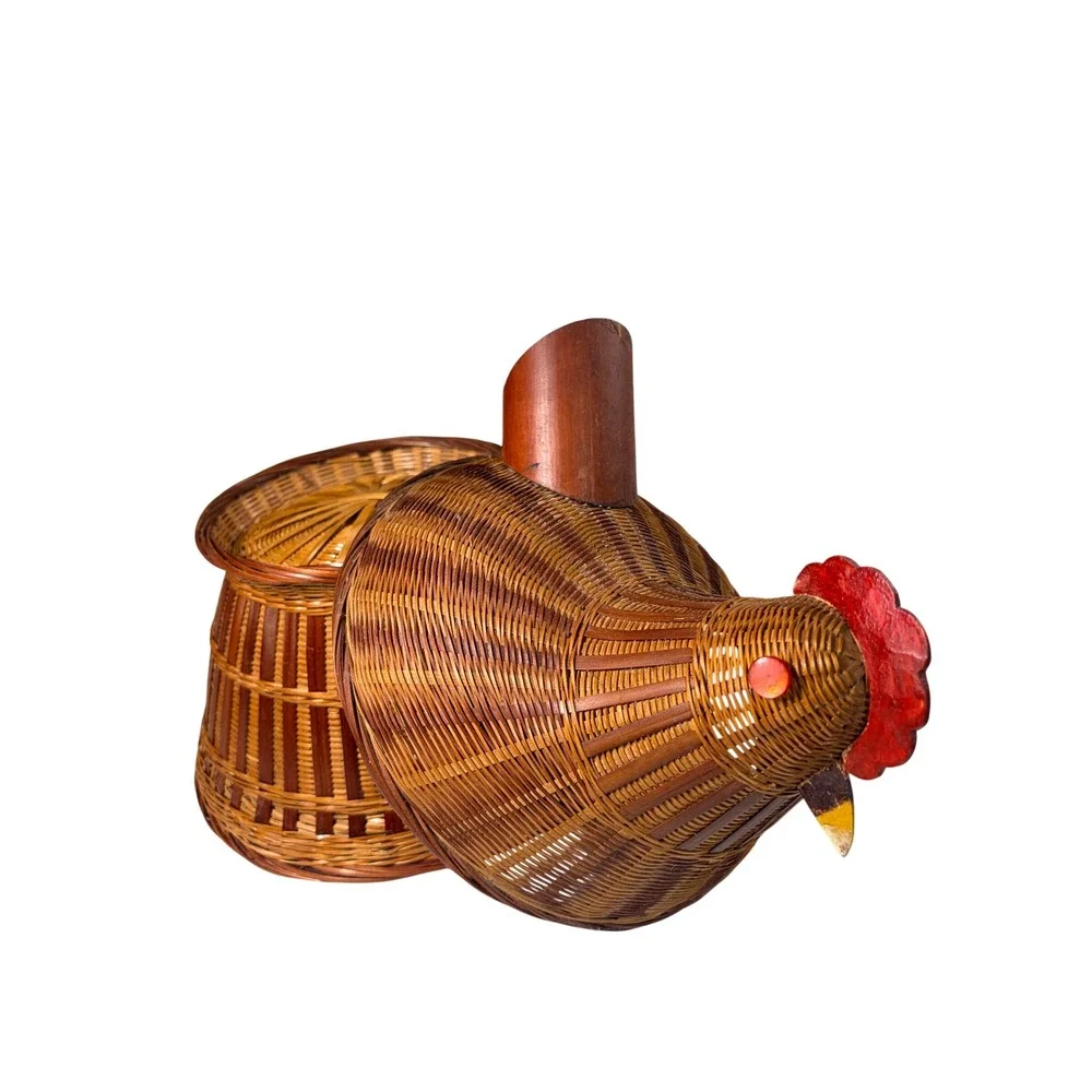 Vintage Woven Bamboo Hen on Nest Chicken Basket Farmhouse Decor Brown 2 Piece